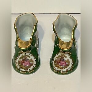 VTG Limoges miniature glazed porcelain baby shoes or doll shoes with gold trim.